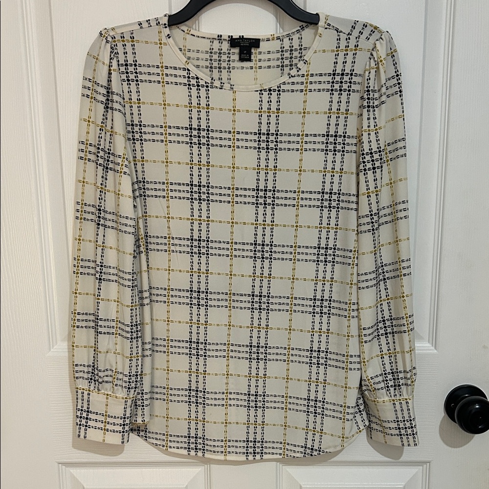 Ann Taylor Cream and Black Plaid Blouse